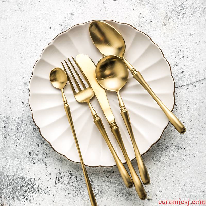 Porcelain soul household stainless steel steak knife and fork spoon, three - piece golden European move western - style food tableware dessert spoons