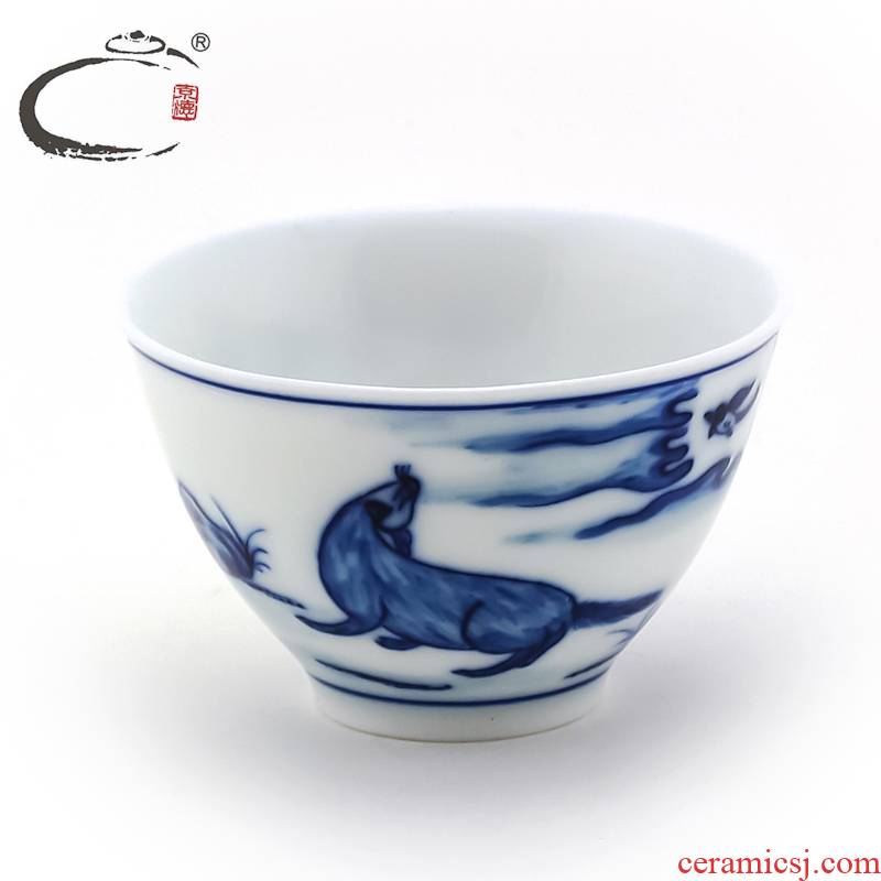 And auspicious manual tea cups, jing DE jingdezhen up works hand - made teacup sample tea cup of blue And white porcelain cup