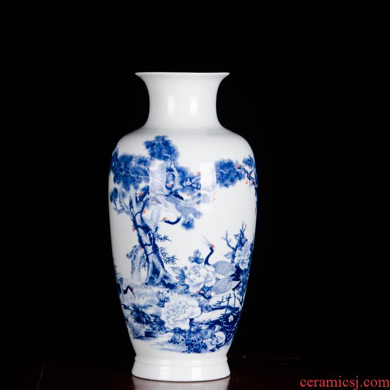 Jingdezhen ceramic famous blue and white porcelain vase furnishing articles pine crane, live rich ancient frame the sitting room of Chinese style household ornaments