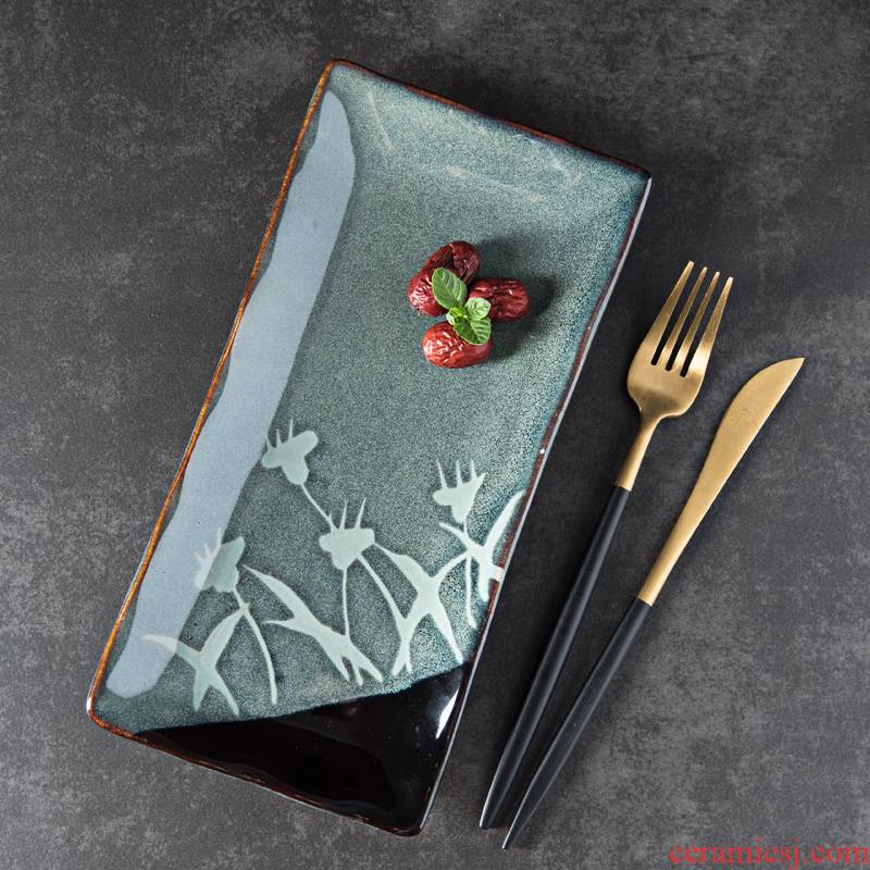 Japanese tableware creative hand - made ceramic plate household under the glaze color rectangular flat fish dish fruit bowl