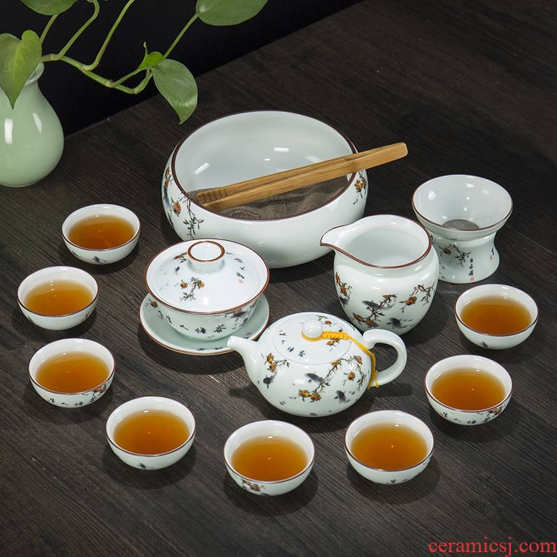Household hand - made white porcelain tureen ronkin kung fu tea sets tea cups of a complete set of ceramic teapot