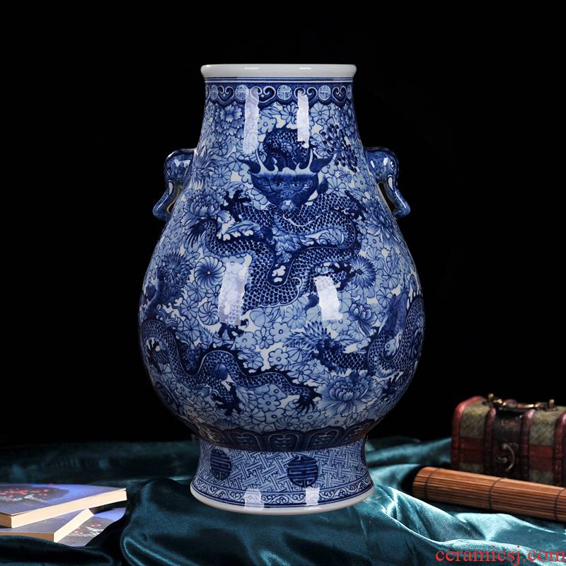 Jingdezhen ceramic vase high - end antique blue - and - white qianlong five three home decoration craft flower furnishing articles