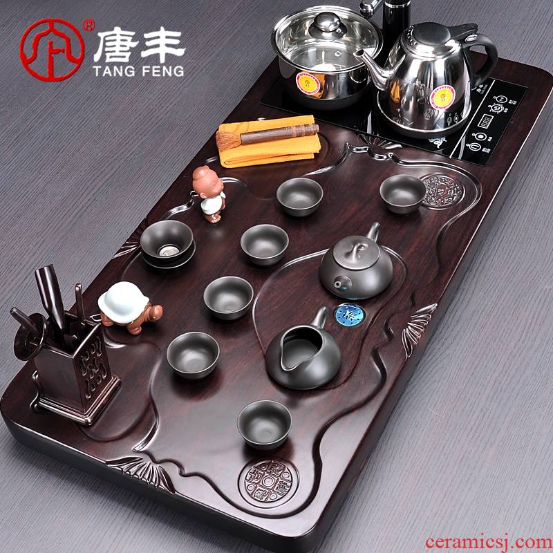 Tang Feng the whole piece of ebony wood big suit tea tray was kung fu tea sets purple four unity of a complete set of electric heating furnace