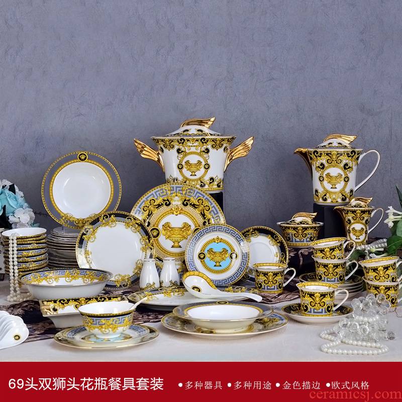 American bowls of ipads plate tableware suit Chinese dishes household 69 double lion ipads porcelain tableware combination suit with a gift