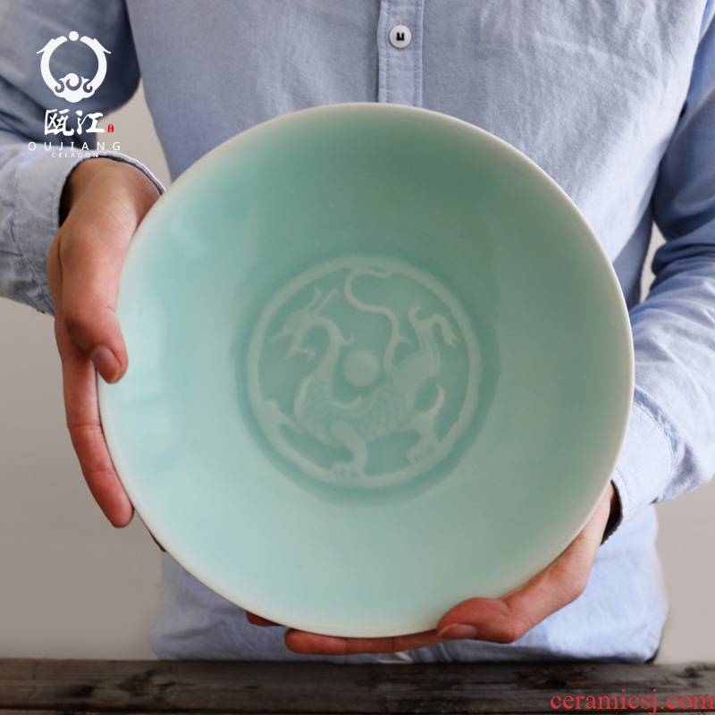 Oujiang longquan celadon 9 - inch panlong dish plate household of Chinese style dish ceramics steak of dish all the clearance
