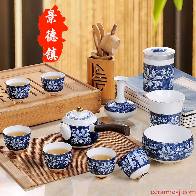 Blue and white porcelain gifts tea sets jingdezhen ceramic kung fu tea set a complete set of hand - made gold teapot tea caddy fixings