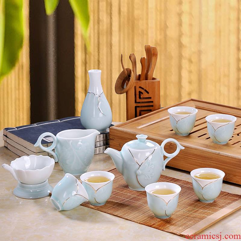 Jingdezhen tea set celadon shadow green ceramic kung fu tea set hand - made paint pot cup gift of a complete set of tea sets