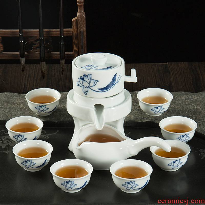 Ronkin creative stone mill kung fu tea is a lazy person half automatic blue and white porcelain tea set suit household contracted white