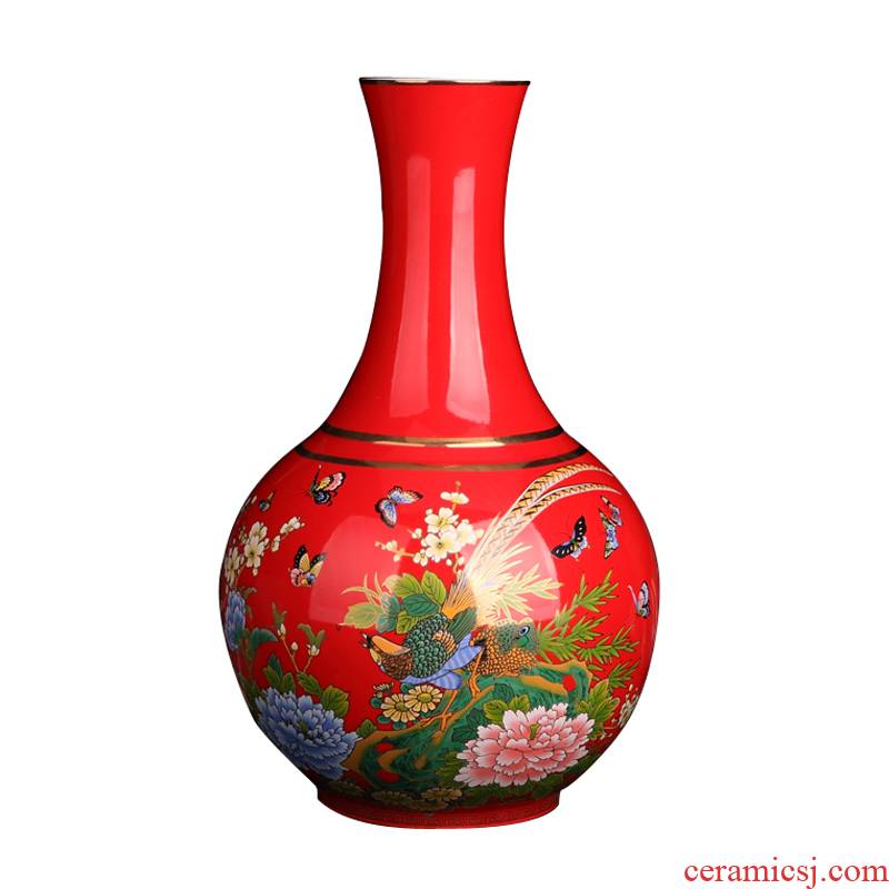 China red porcelain vase xiang feels ashamed up golden pheasant dance butterfly ceramic bottle furnishing articles atmosphere, home decoration gifts