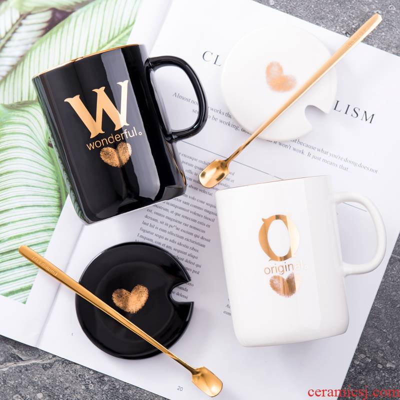 Move ceramic cup creative surname fingerprint mark cup coffee cup with cover glass office cup spoon couples