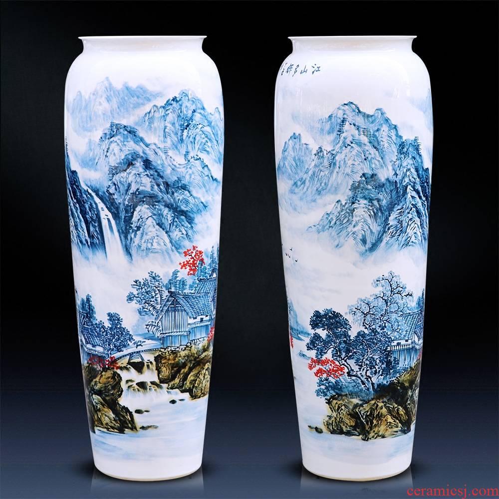 Jingdezhen landing big hand blue and white porcelain vases, ceramic large sitting room place flower arranging, decorative arts and crafts