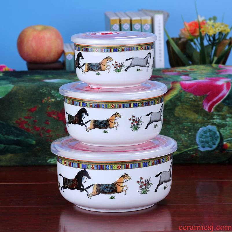 Jingdezhen ceramic lunch box fresh preservation box microwave refrigerator bento box ceramics terms rainbow such as bowl with cover three - piece suit