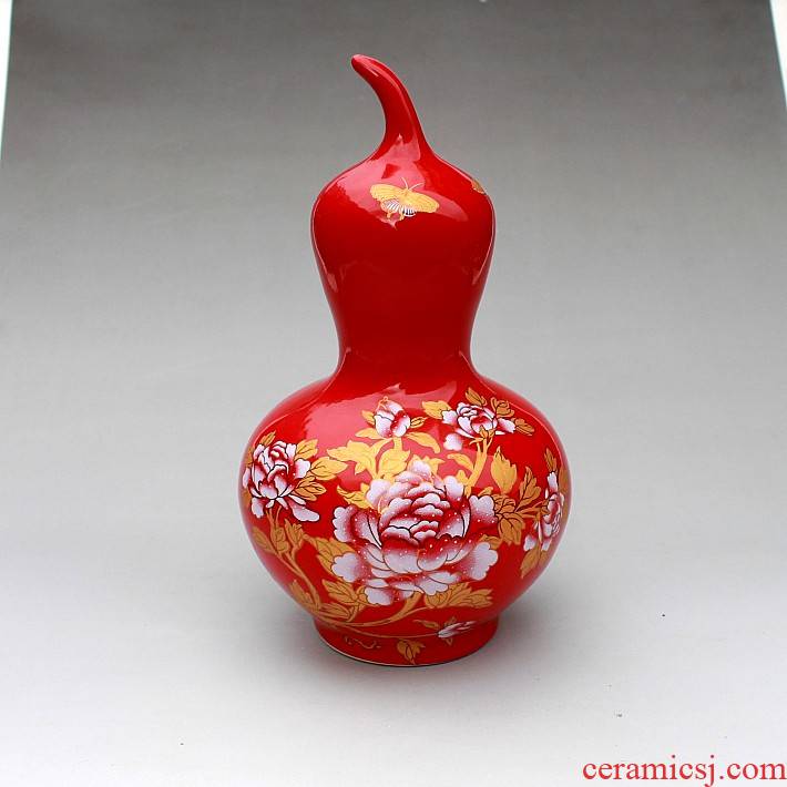 Jingdezhen red paint peony gourd ceramic bottle gourd shape ornament furniture