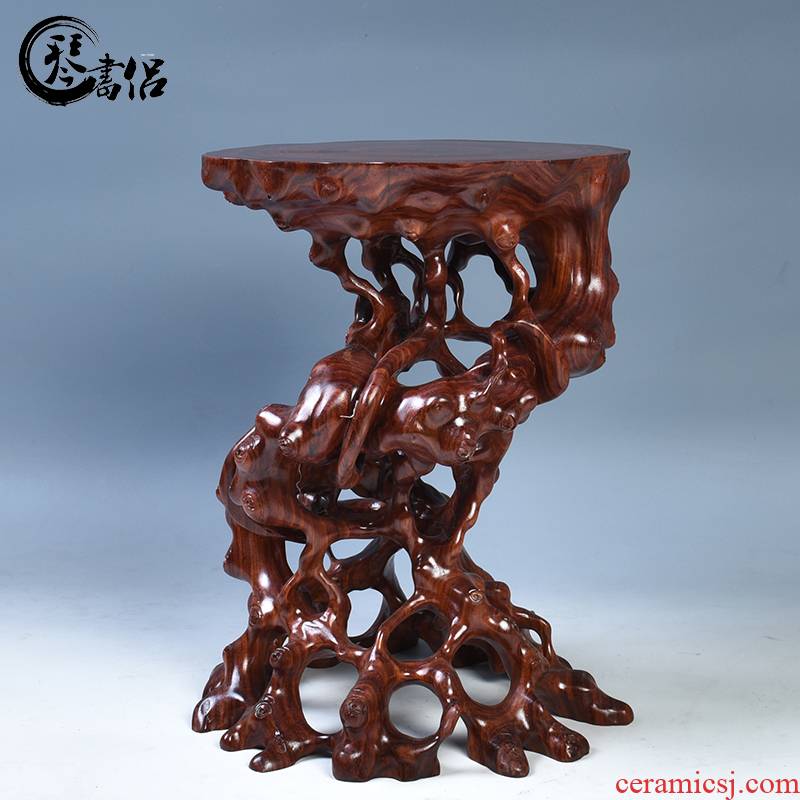 Pianology picking red wingceltis carved with stone, jade bonsai base base round solid wood flowerpot base