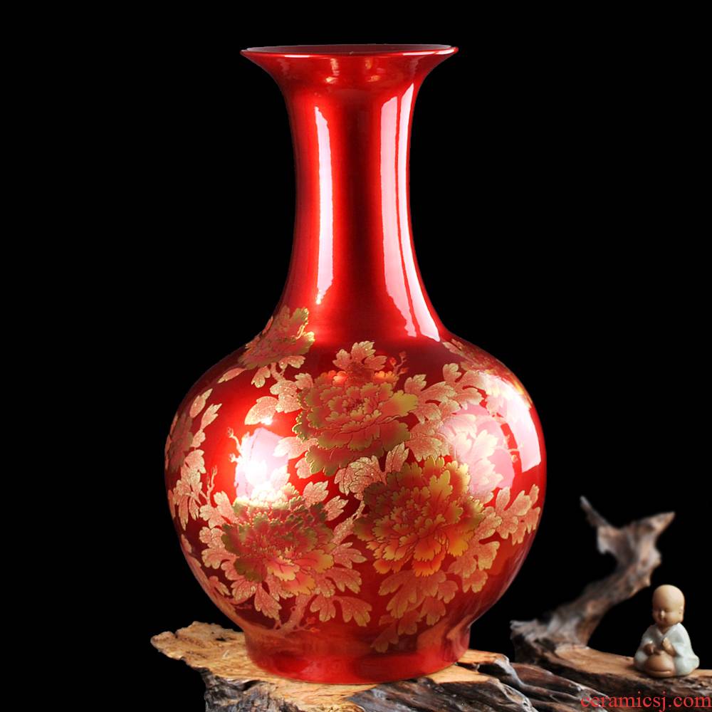 Jingdezhen ceramics of large vase furnishing articles China red flowers prosperous modern Chinese style living room decoration