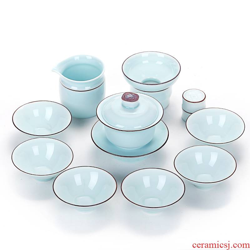 Old & hand - made ceramic kung fu tea set celadon tureen gift boxes home office of a complete set of tea cups