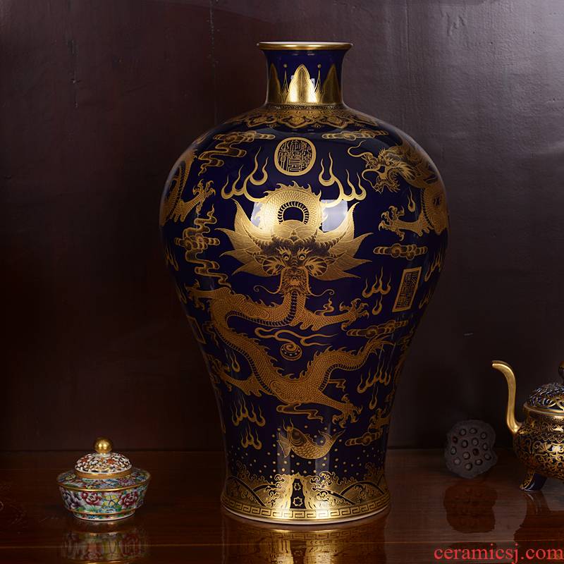 Jingdezhen ceramic vases, antique paint ji blue glaze dragon five Long Mei bottle handicraft home furnishing articles sitting room