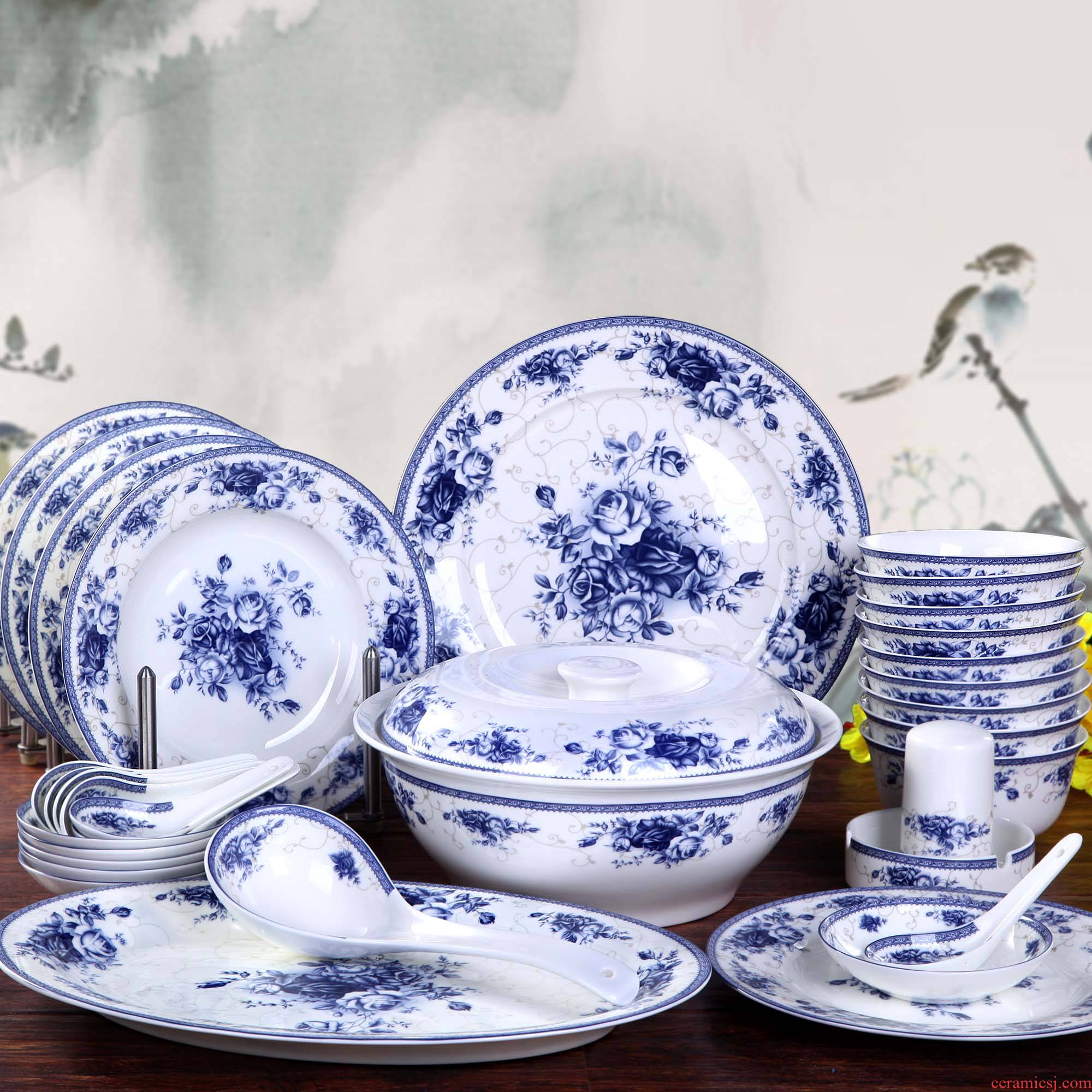 JingDe 28 head glaze ceramic tableware blue and white porcelain bowls sets ipads China wedding housewarming gift package in the mail