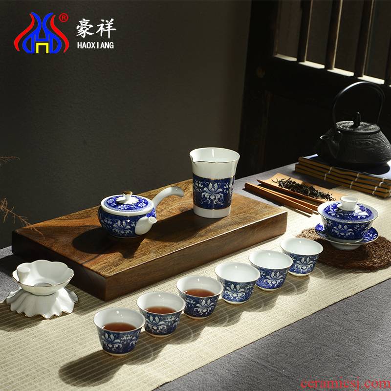 Howe auspicious icing on the cake of up phnom penh ceramic kung fu tea sets the complete set of a complete set of blue and white porcelain tea set gift box