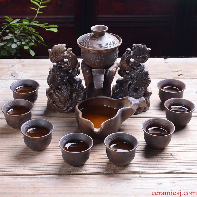 Semi automatic tea set ceramic creative stone mill retro lazy purple sand tea gift tea pot cup