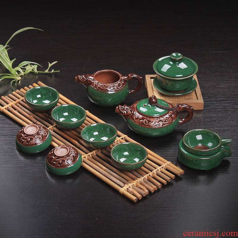 Ice crack relief dragon tea set piece of Ice to crack open the glaze ceramic kung fu tea cup lid bowl of a complete set of gift