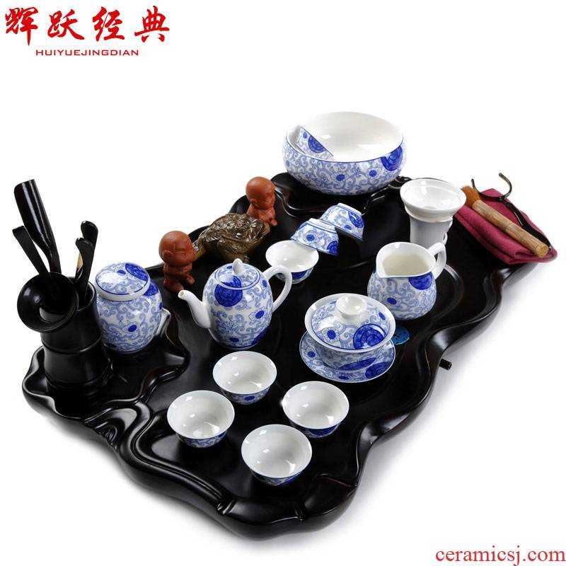 Fai jump a blue and white porcelain tea sets tea service of a complete set of ceramic tea set kung fu tea tray Z - 5