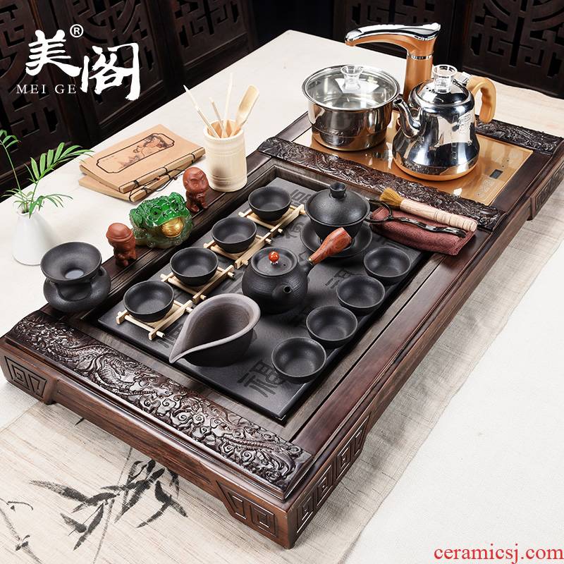 Beautiful pavilion tea set home tea table imitation sharply stone, ceramic kung fu tea, solid wood tea tray of a complete set of fully automatic
