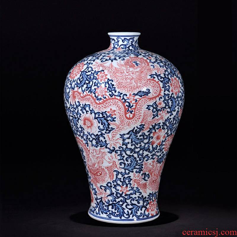 Antique hand - made porcelain of jingdezhen ceramics youligong red dragon wear purple flower name plum bottle handicraft sitting room TV ark, furnishing articles
