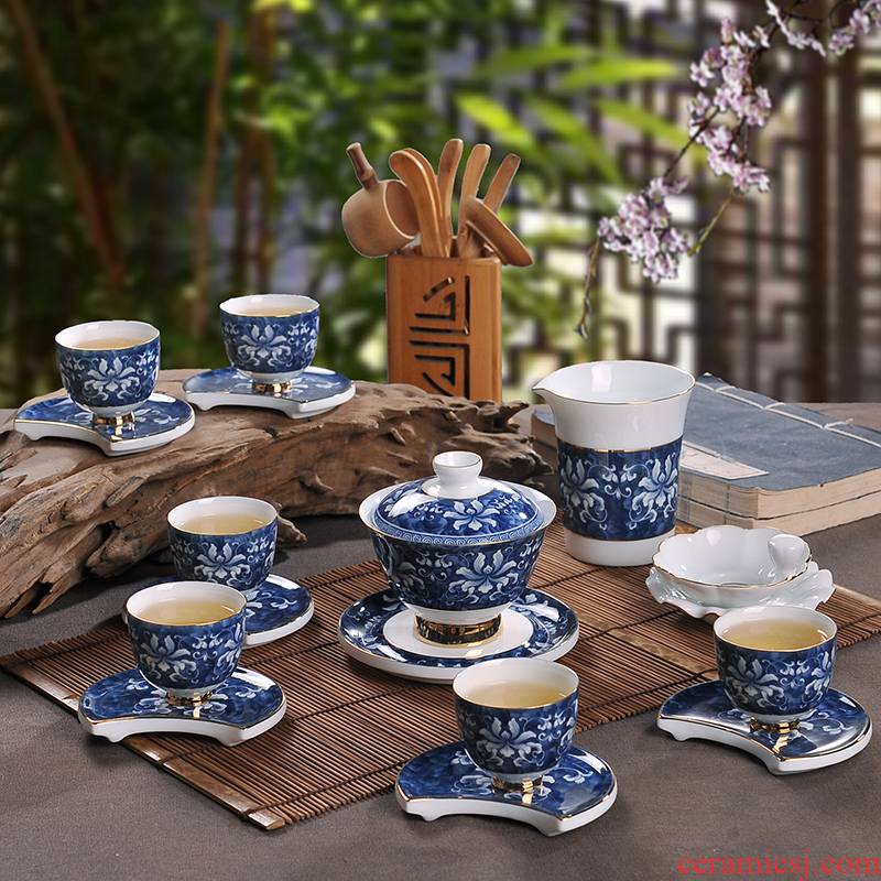 Blue and white tea sets suit jingdezhen ceramic kung fu tea set a complete set of sample tea cup GaiWanCha gift boxes