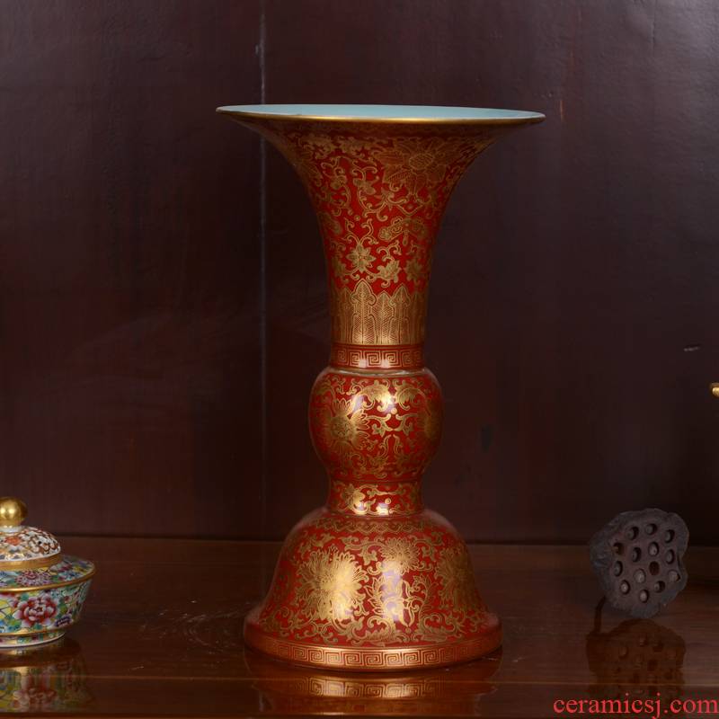 Jingdezhen ceramics high - end antique red groundswell technological sitting room place lotus bottle of home decoration