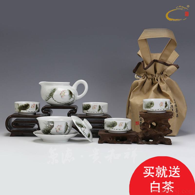 Jing DE and auspicious tea ware jingdezhen tureen hand - made ceramic kung fu tea set gift set ink lotus group