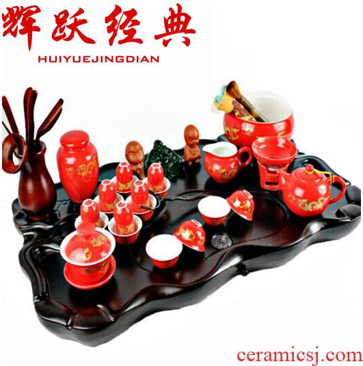 Hui, make Chinese red glaze tea sets block tea tray is a complete set of ceramic kung fu tea set red glaze jinlong