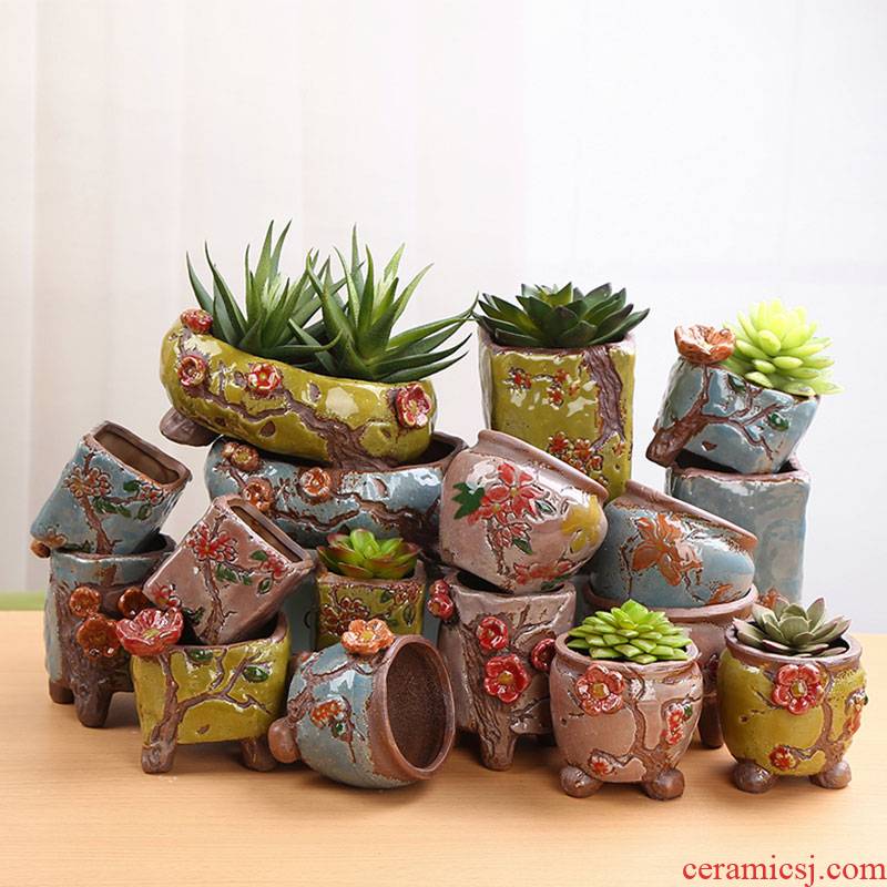 Fleshy ceramic flower POTS and colorful pinch flower more than individuality creative flower pot meat platter coarse TaoSu burn breathable small old basin