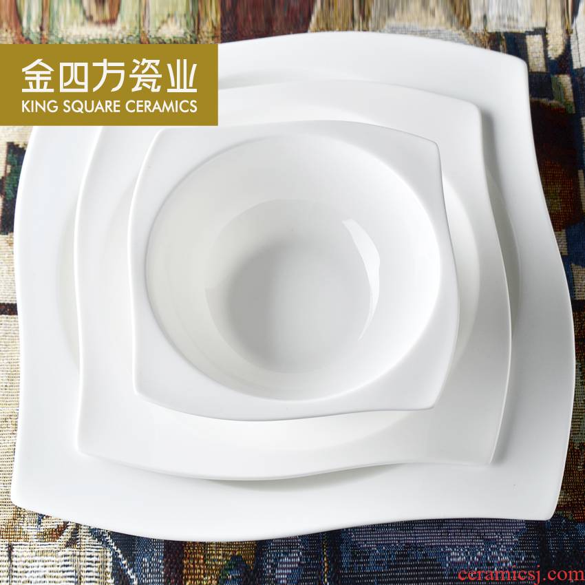Gold sifang kunlun household porcelain tableware dishes suit pure white fish ipads plate of creative dishes flat ceramic bowl