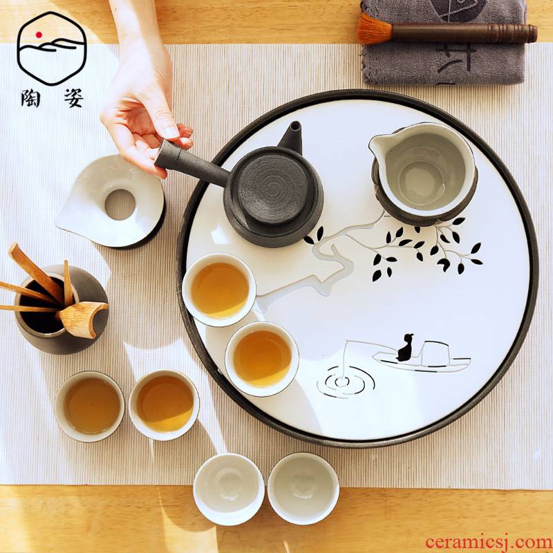TaoZi kung fu tea set suit of black pottery teapot home office of a complete set of small tea table dry tea tray type