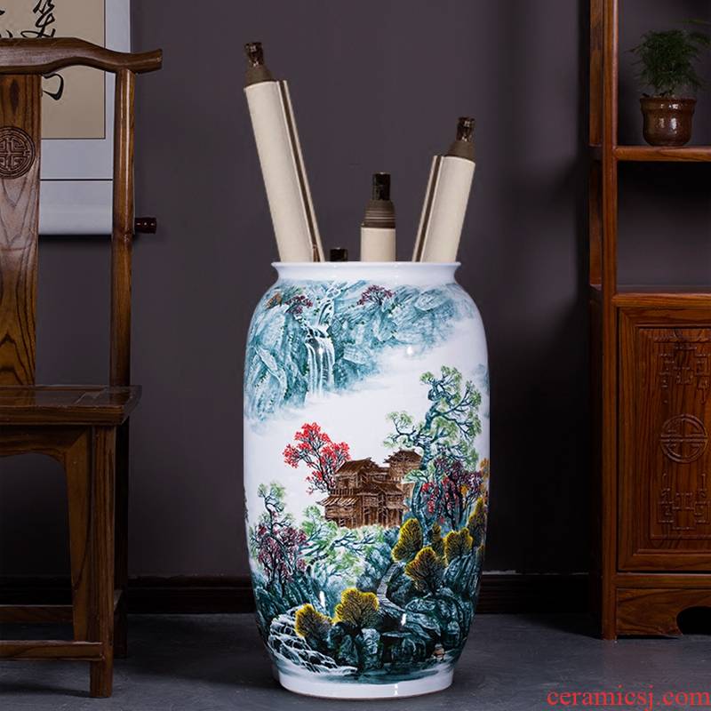 Famous master of jingdezhen ceramics hand - made landscape painting the sitting room of large vase furnishing articles calligraphy and painting scroll cylinder