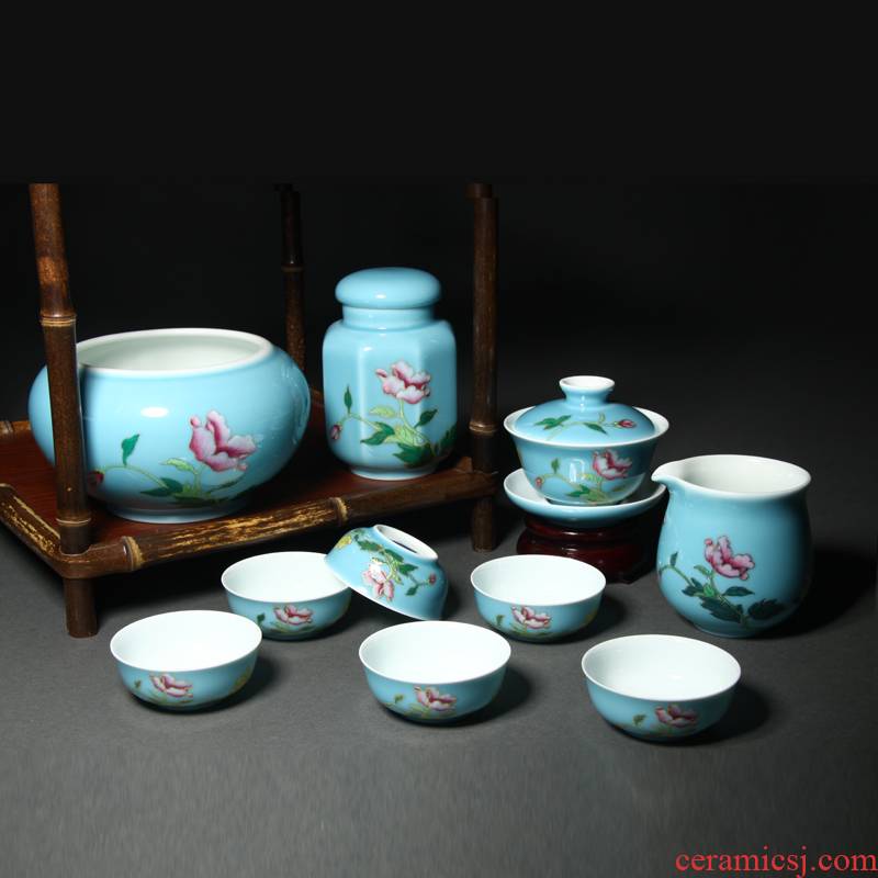 Treasure porcelain azure pastel peony Lin squat cup 10 head of tea sets jingdezhen ceramic glaze color hand - made the add color