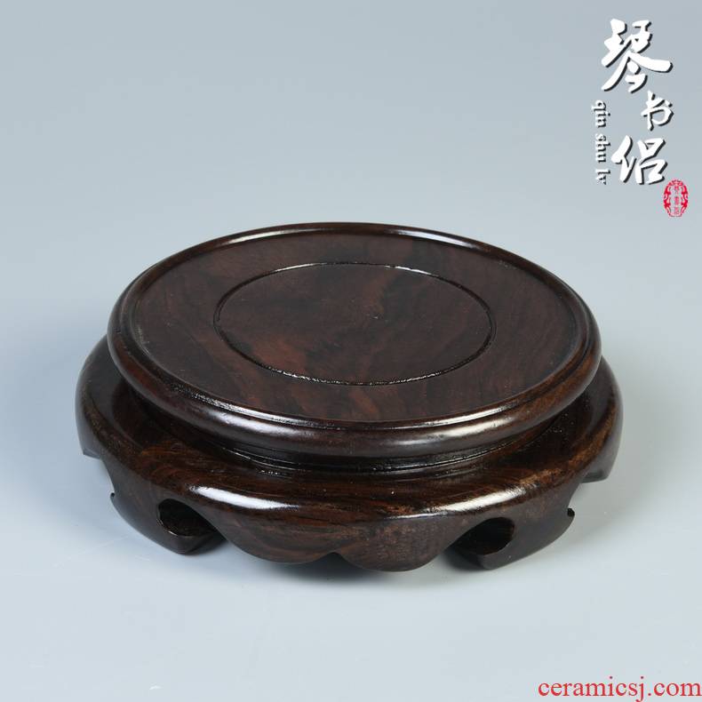 Black catalpa wood real wood flowerpot ebony round vase bonsai aquarium carved wooden furnishing articles stone base