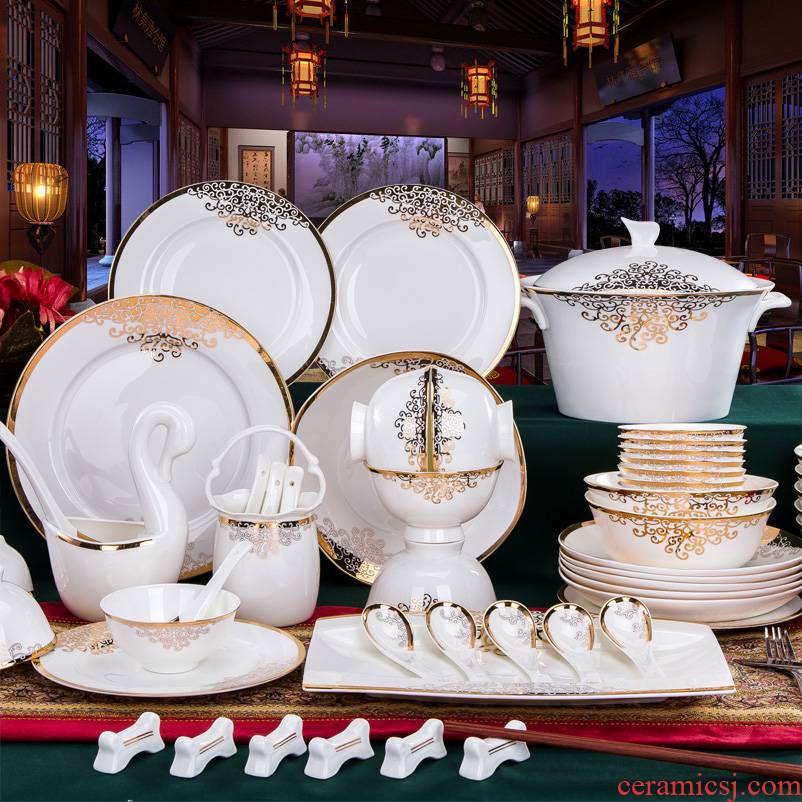 The dishes suit household jingdezhen high - grade ipads China tableware suit 56 head dishes Jin Bianzhong Korean wedding gift