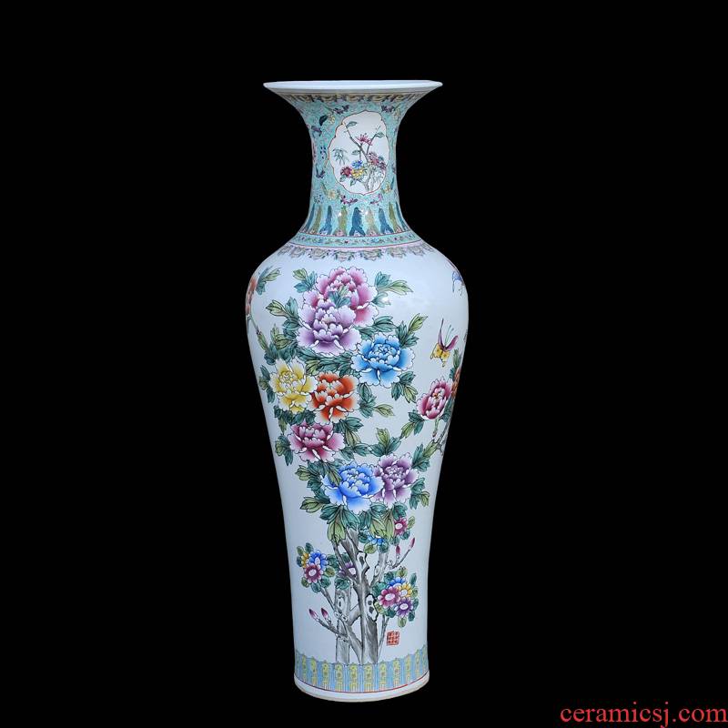 Jingdezhen ceramic of large vases, antique hand - made famille rose blooming flowers, goddess of mercy bottle of large vase