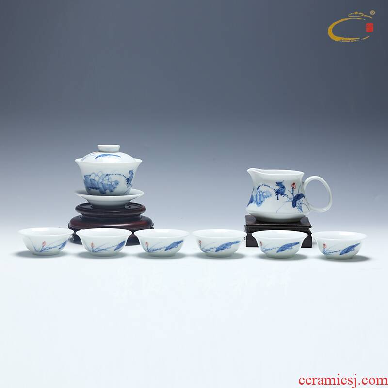And auspicious jingdezhen hand - made high temperature ceramic kung fu tea set gift set a complete set of lotus bird small tureen group