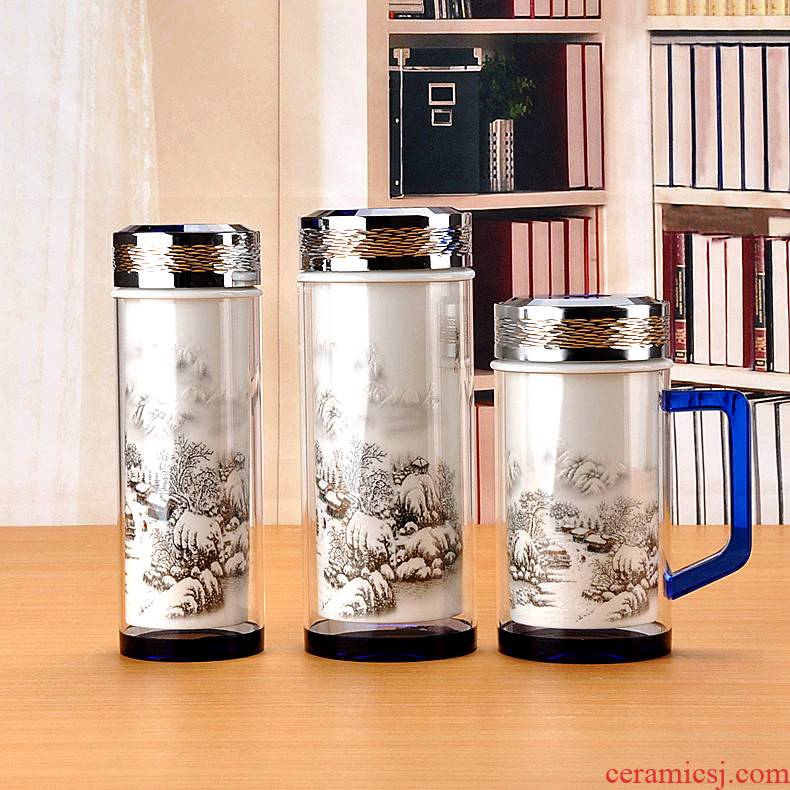 Ms jingdezhen double ceramic cups male portable water cups with cover and heat insulation glass office cup gift giving