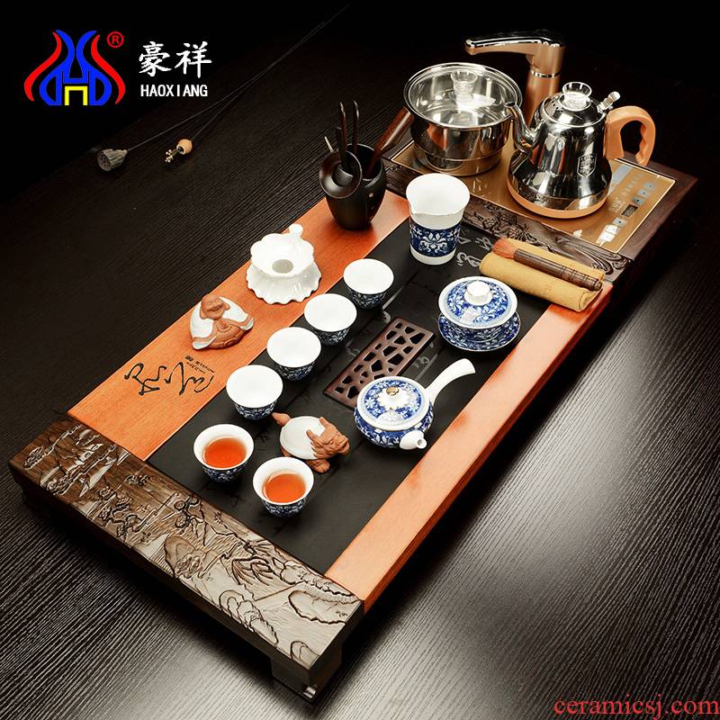 Howe auspicious ebony sharply stone solid wood tea tray tea saucer violet arenaceous kung fu home four unity of a complete set of electric heating furnace
