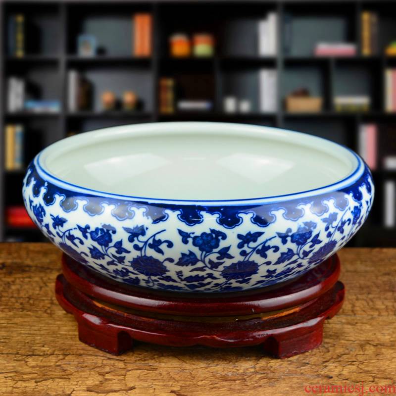 Blue and white porcelain of jingdezhen ceramics antique pen XiCha wash water shallow large turtle cylinder water lily cylinder ashtray furnishing articles