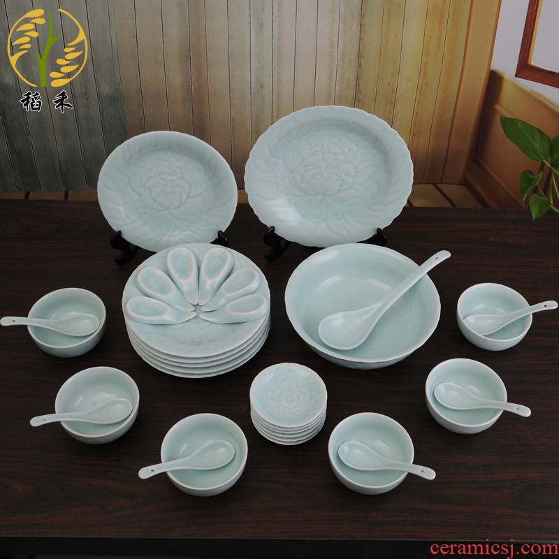 Classical Chinese style hotel ceramic tableware celadon bowl spoon, plate plate combination housewarming wedding gift set