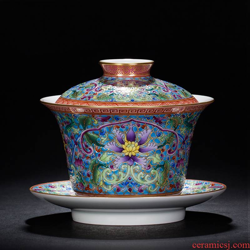 Put the lotus flower grain heavy ground jingdezhen porcelain enamel paint flowers only three tureen antique porcelain cup
