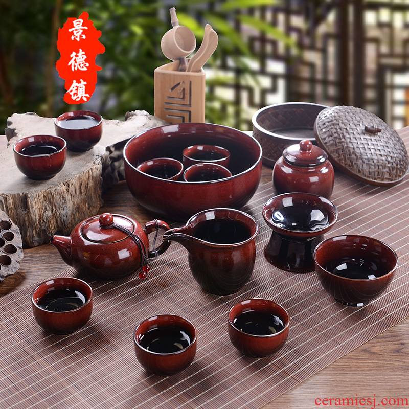 Jingdezhen ceramic tea set suit household up red ceramics kung fu tea cups GaiWanCha wash to gift pack