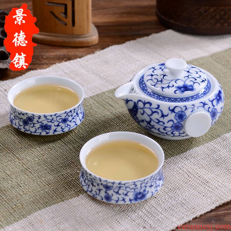 Jingdezhen household ceramics kung fu tea set a pot of crack of blue and white porcelain cup two cups of portable travel office tea set
