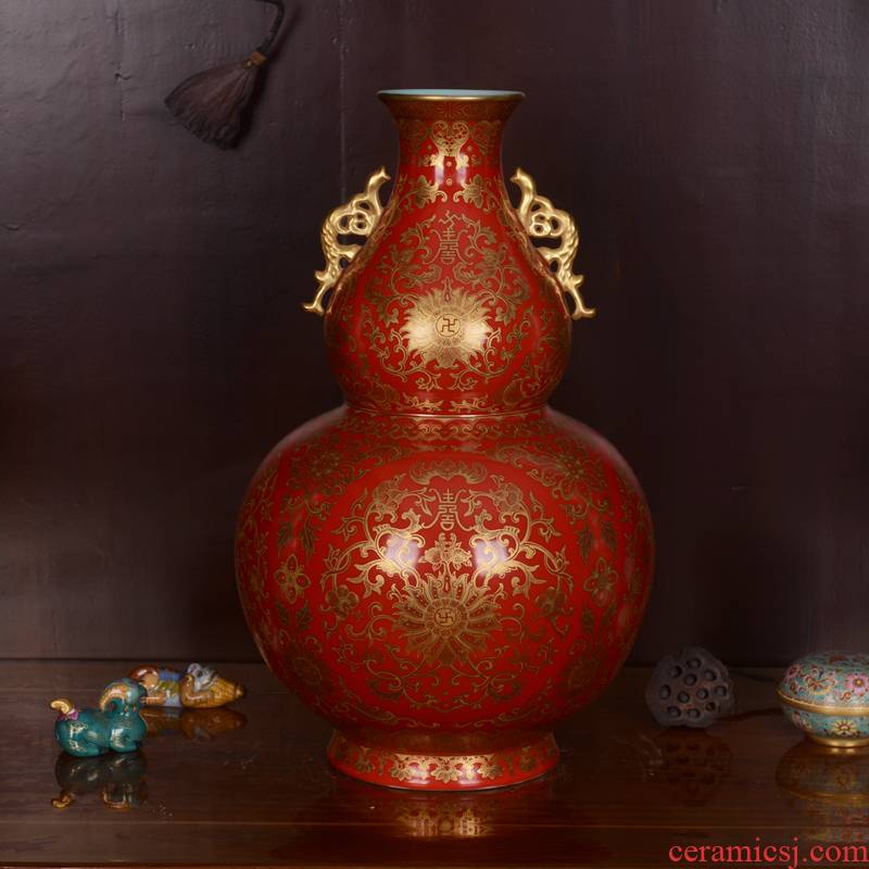 Jingdezhen ceramics imitation the qing qianlong hand made red to paint branch grain ears gourd bottle handicraft furnishing articles