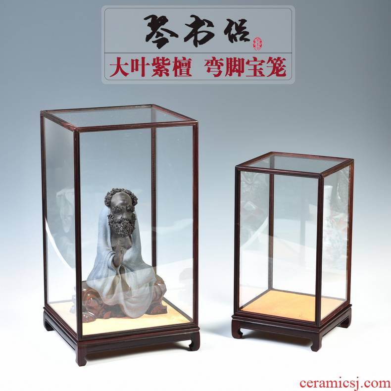 Red cover figure of Buddha carved rosewood antique crafts glass stone base treasure cage show the dust cover can be customized